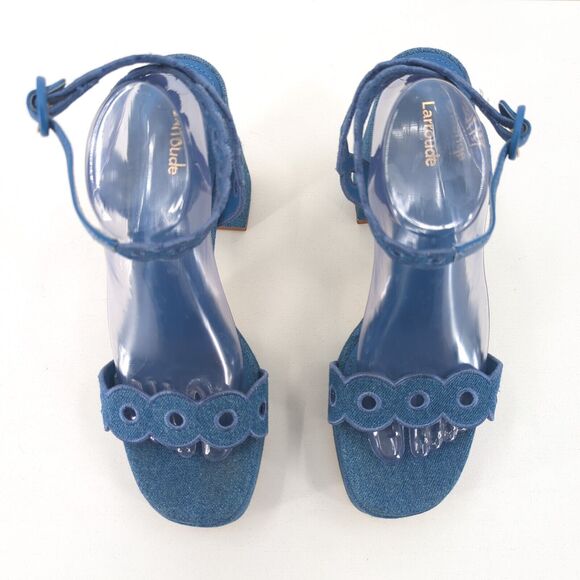 Larroude Women 11 Dolly Broderie Sandal Blue Stoned Denim Platform Ankle Strap - Picture 2 of 11